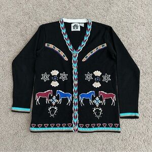 Storybook Knits Buffalo Night Black Western Cardigan Womens Size M